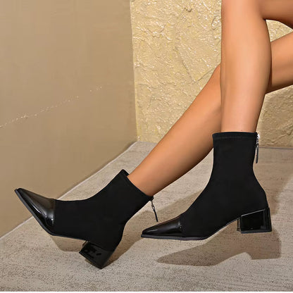 Women's Suede Ankle Boots with Patent Detail Block Heel