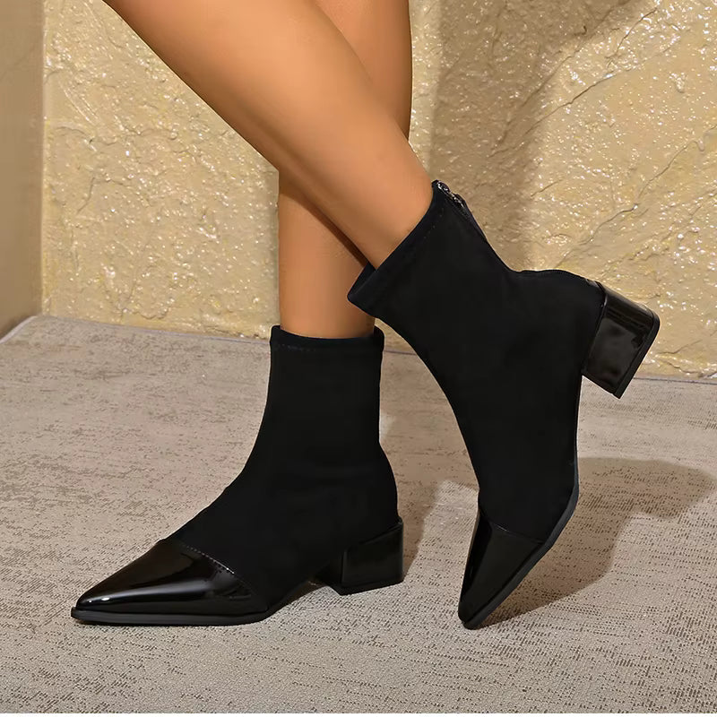 Women's Suede Ankle Boots with Patent Detail Block Heel