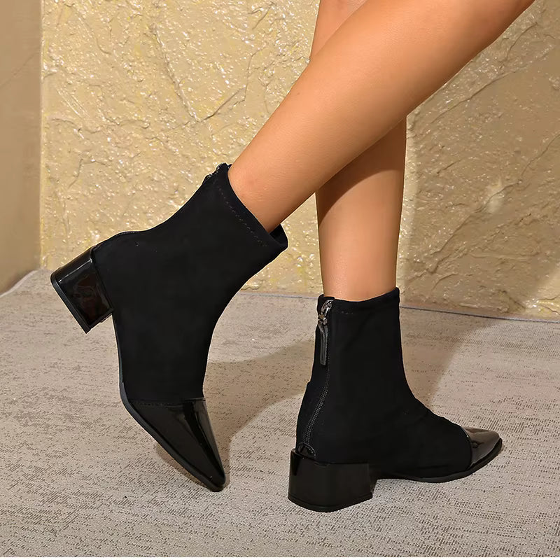 Women's Suede Ankle Boots with Patent Detail Block Heel