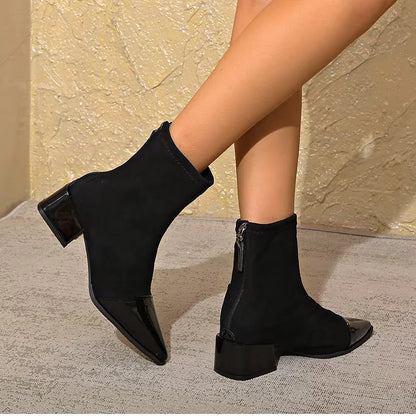 Women's Suede Ankle Boots with Patent Detail Block Heel