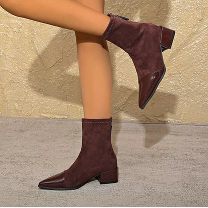 Women's Suede Ankle Boots with Patent Detail Block Heel