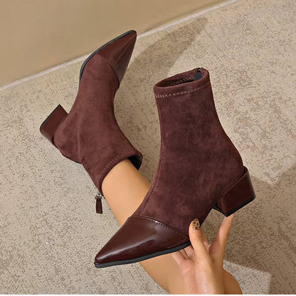 Women's Suede Ankle Boots with Patent Detail Block Heel
