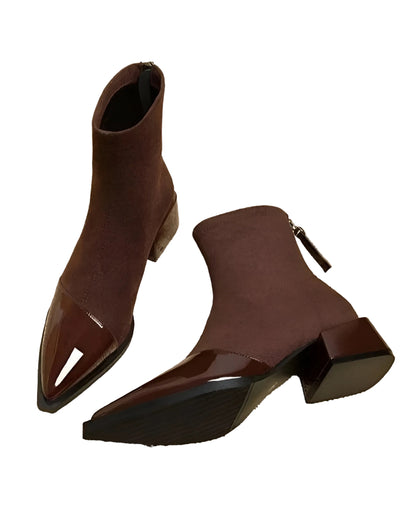 Women's Suede Ankle Boots with Patent Detail Block Heel