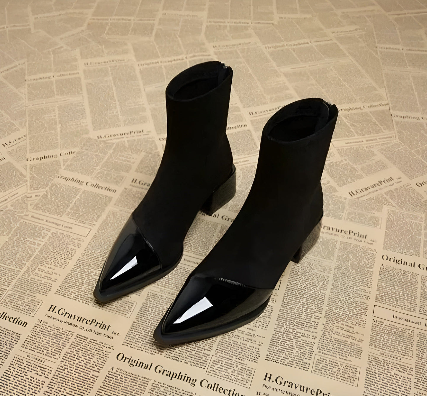 Women's Suede Ankle Boots with Patent Detail Block Heel