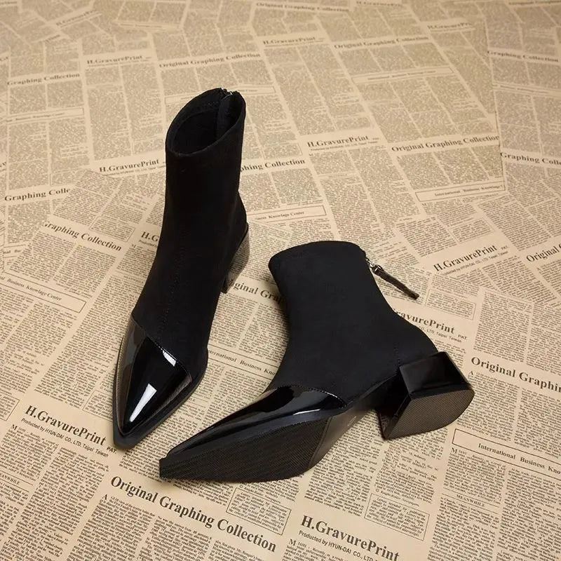 Women's Suede Ankle Boots with Patent Detail Block Heel