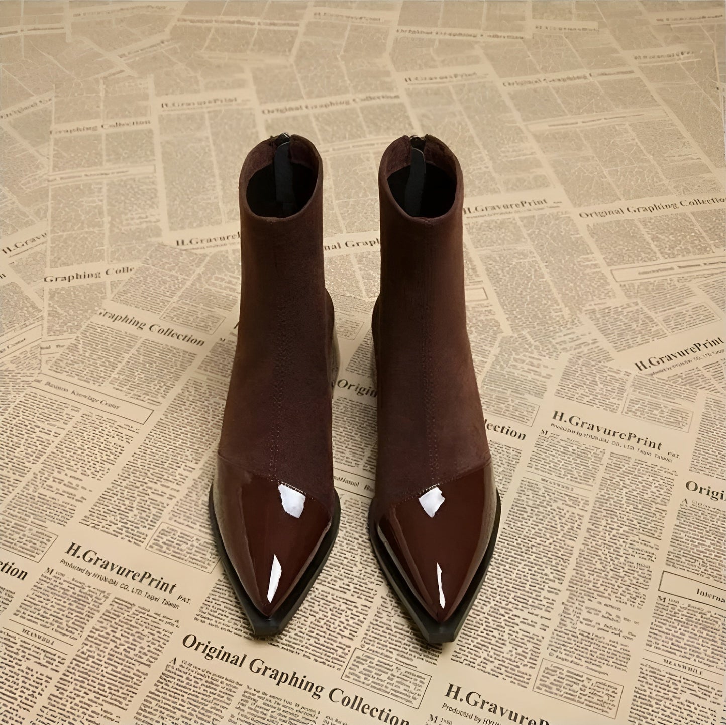 Women's Suede Ankle Boots with Patent Detail Block Heel