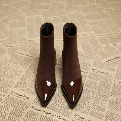 Women's Suede Ankle Boots with Patent Detail Block Heel