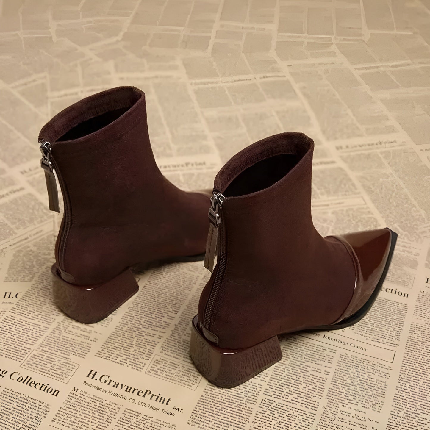 Women's Suede Ankle Boots with Patent Detail Block Heel