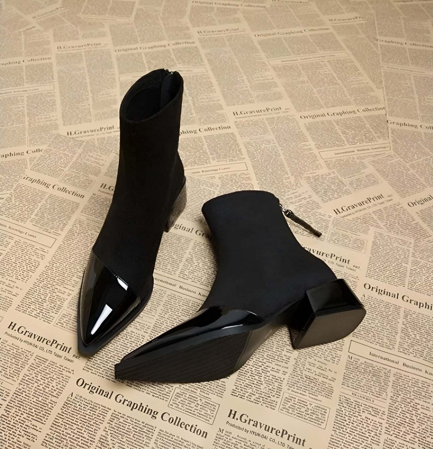 Women's Suede Ankle Boots with Patent Detail Block Heel