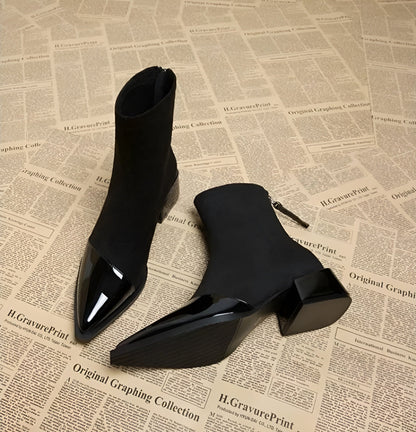 Women's Suede Ankle Boots with Patent Detail Block Heel