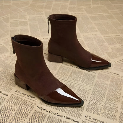 Women's Suede Ankle Boots with Patent Detail Block Heel