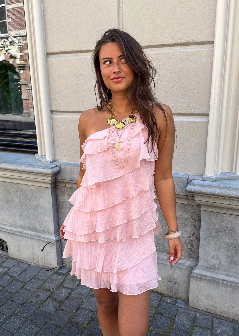 Women's Summer Mini Dress with Ruffle and Asymmetric Shoulder Strap