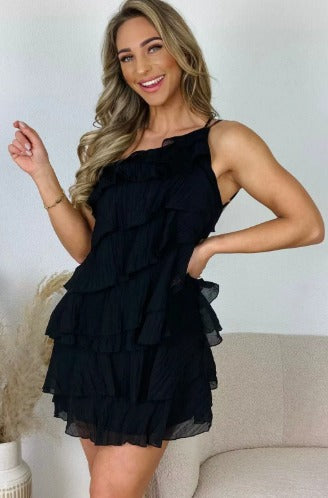 Women's Summer Mini Dress with Ruffle and Asymmetric Shoulder Strap