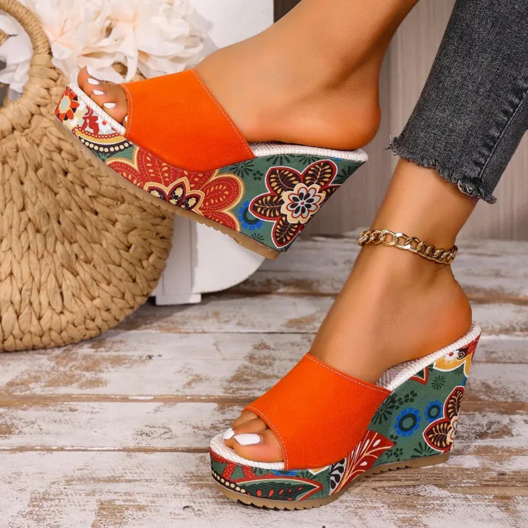 Women's Velvet Floral Wedge Slip-On Sandals
