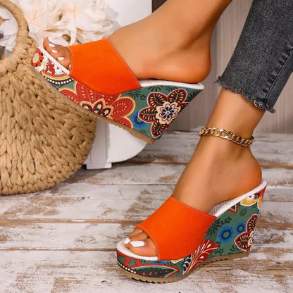 Women's Velvet Floral Wedge Slip-On Sandals