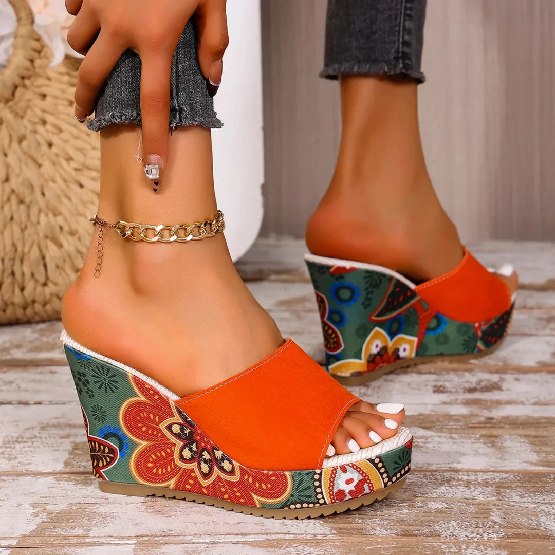 Women's Velvet Floral Wedge Slip-On Sandals