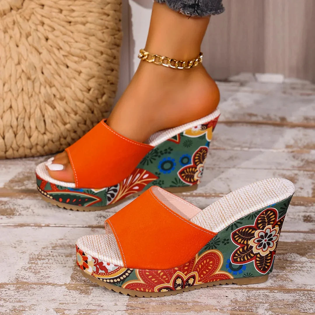 Women's Velvet Floral Wedge Slip-On Sandals