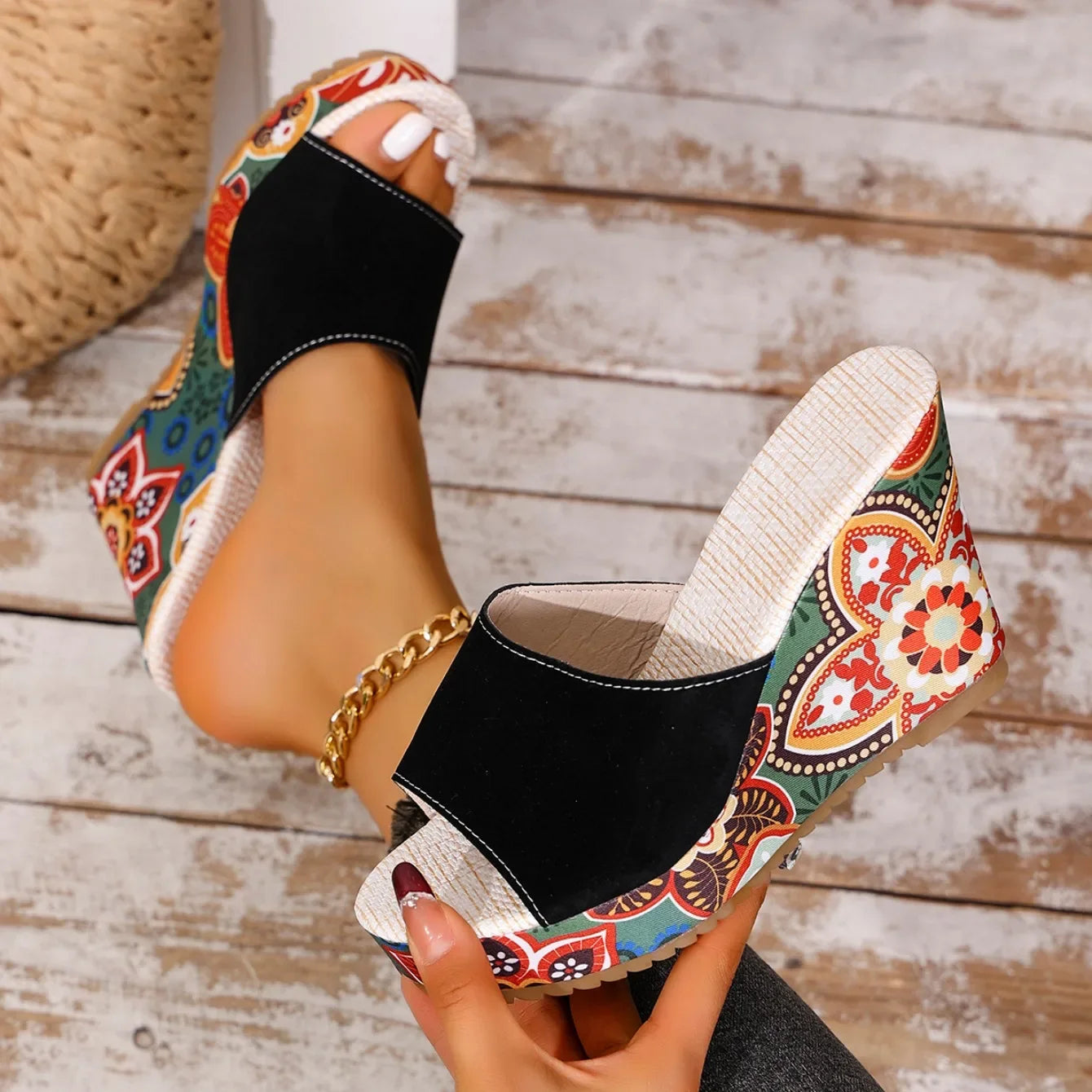 Women's Velvet Floral Wedge Slip-On Sandals