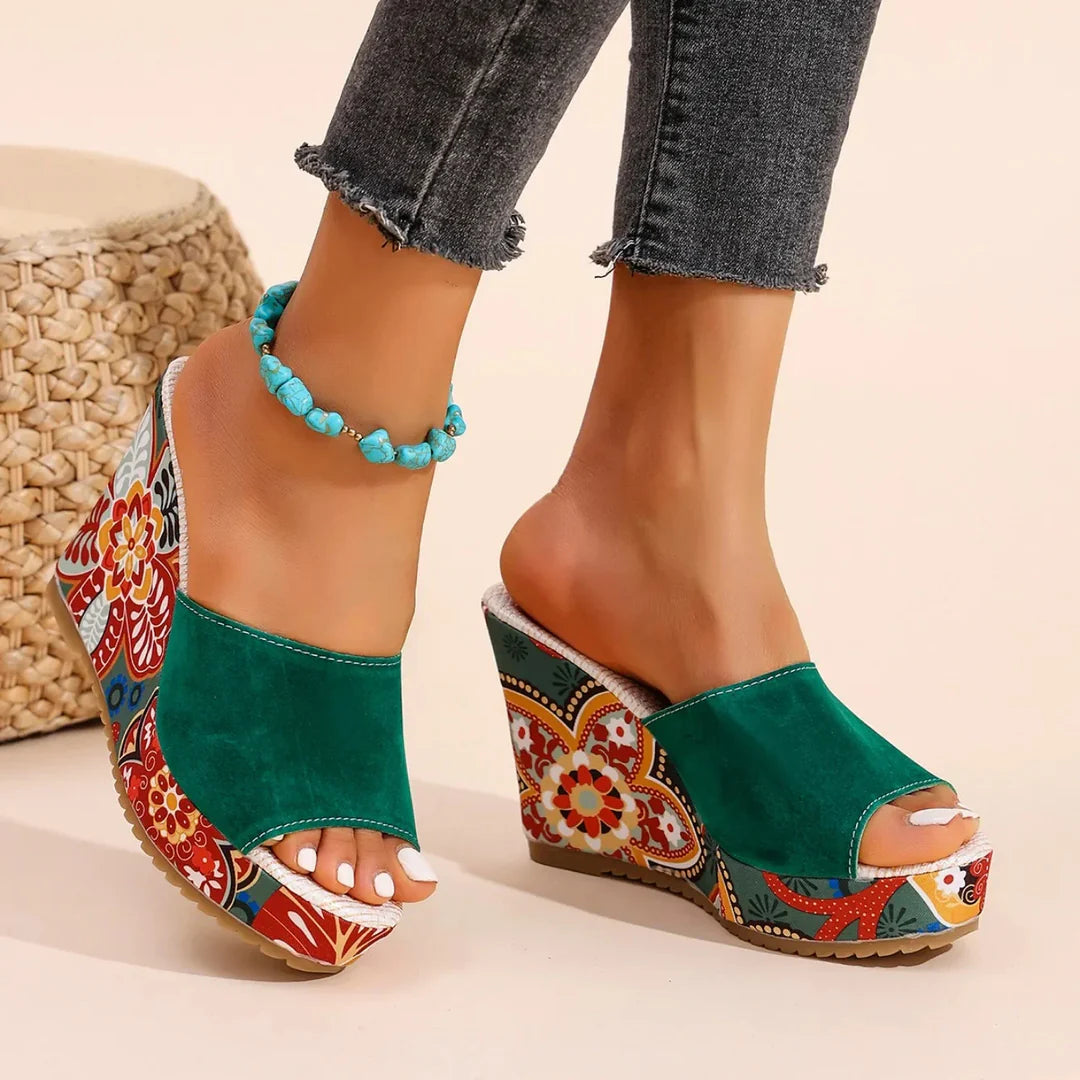 Women's Velvet Floral Wedge Slip-On Sandals