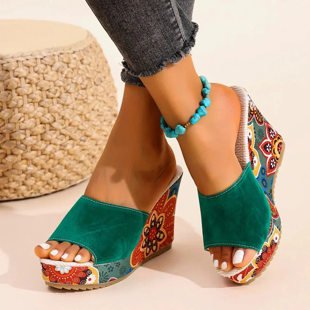 Women's Velvet Floral Wedge Slip-On Sandals