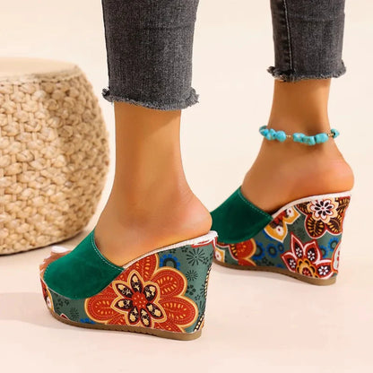 Women's Velvet Floral Wedge Slip-On Sandals