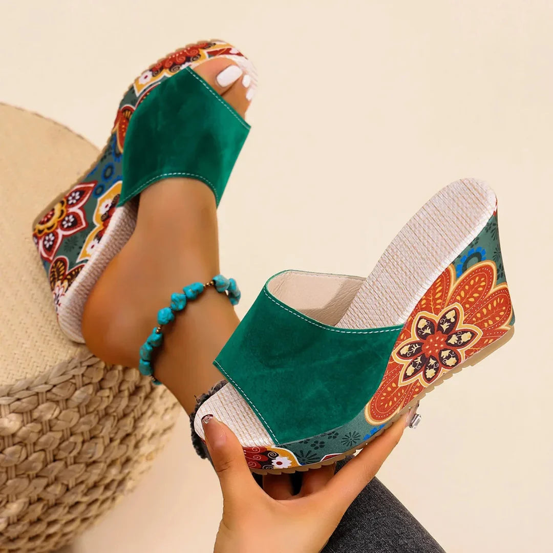 Women's Velvet Floral Wedge Slip-On Sandals