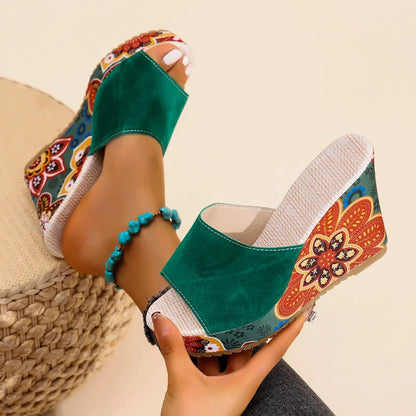 Women's Velvet Floral Wedge Slip-On Sandals