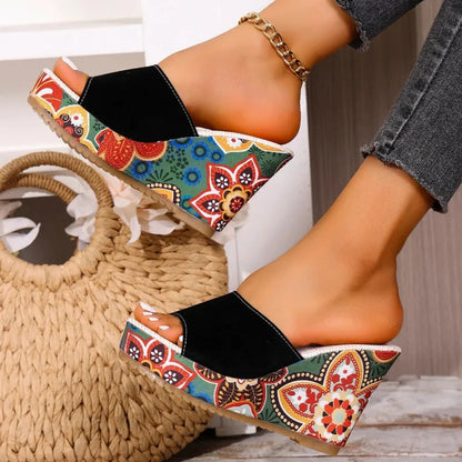 Women's Velvet Floral Wedge Slip-On Sandals