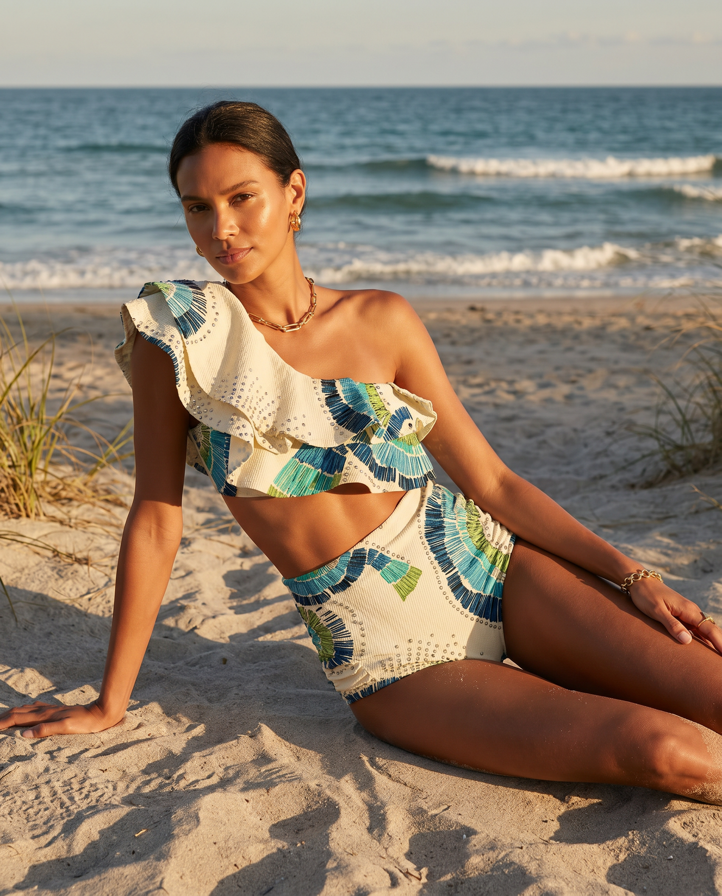 Women's One Shoulder High Waist Bikini Set with Embellished Detail